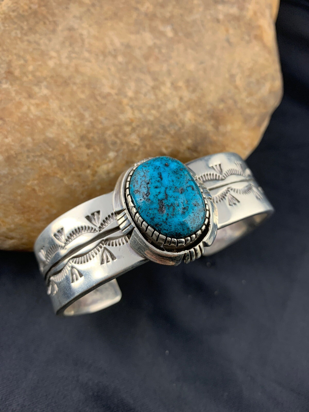 Native American Mens Blue Turquoise Navajo Sterling Silver Bracelet 03284