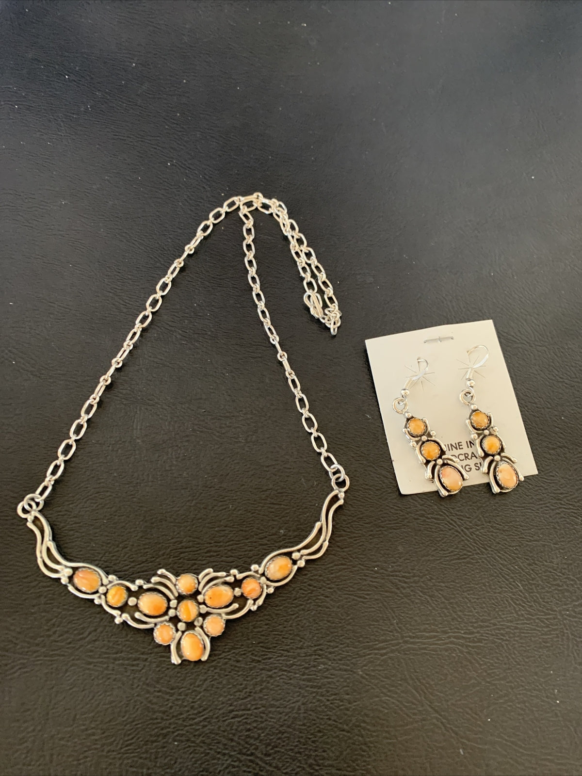 Orange Spiny Oyster Navajo Sterling Silver Necklace & Earrings 02102