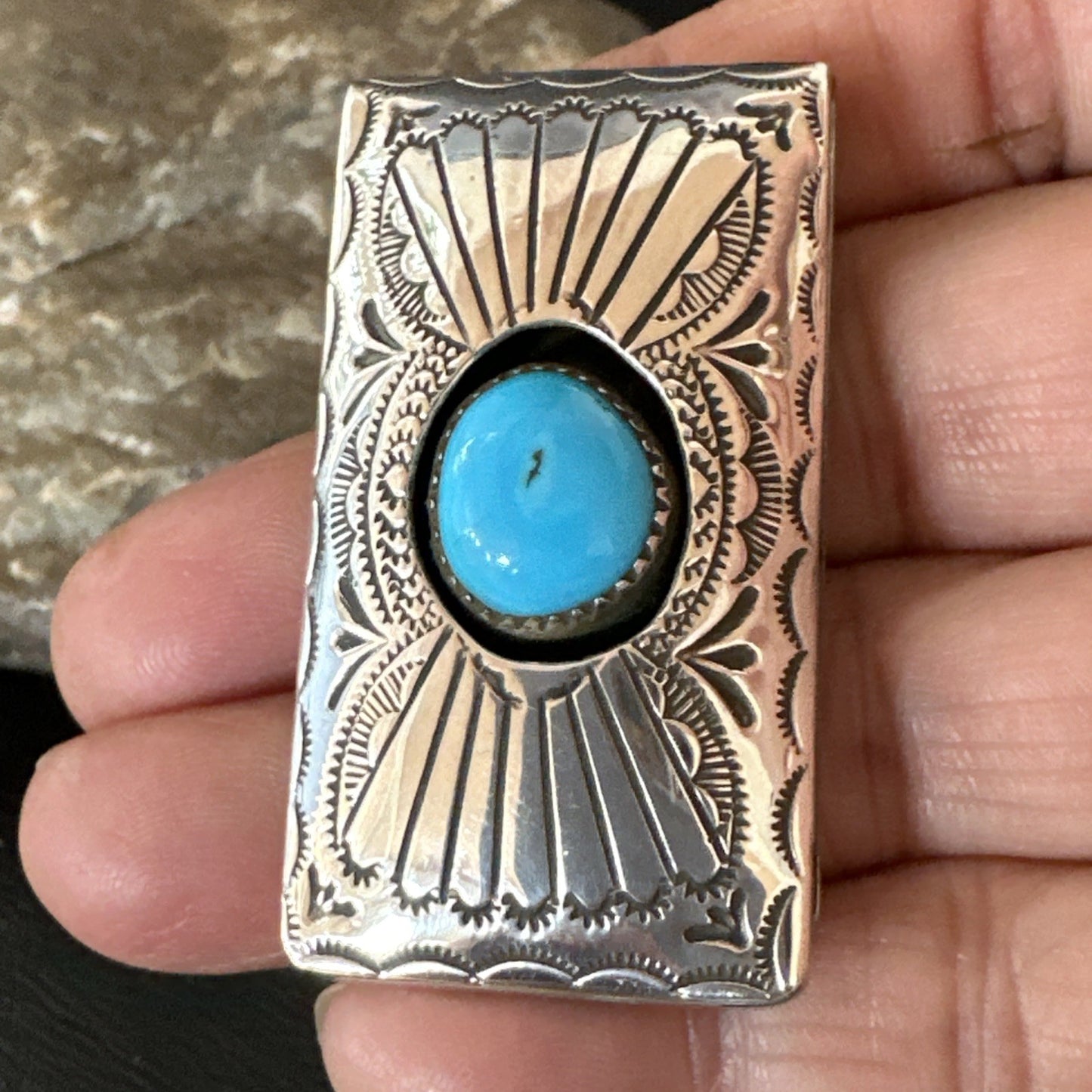 Mens Womens Blue Turquoise Navajo Stainless Stamped Silver Money Clip 19732