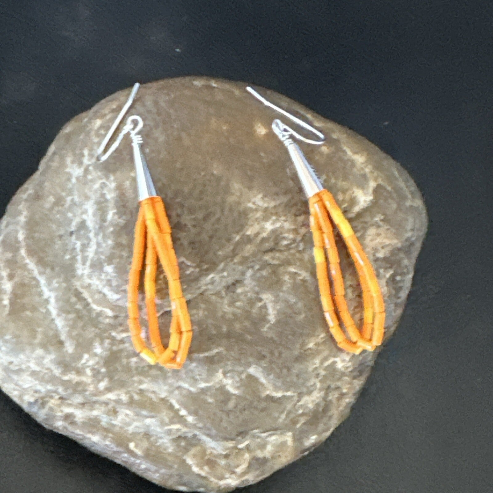 Orange Beads 2 Strands Heishi Liquid Sterling Silver Dangle Earrings 2" 18178