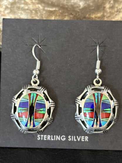 Blue Turquoise & Spiny Oyster Navajo Sterling Silver Inlay Earrings 1” 14763