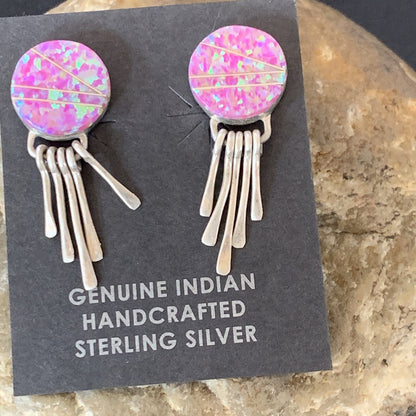 Womens Pink Opal Inlay Navajo Sterling Silver Dangle Post Earrings 1.3" 12758