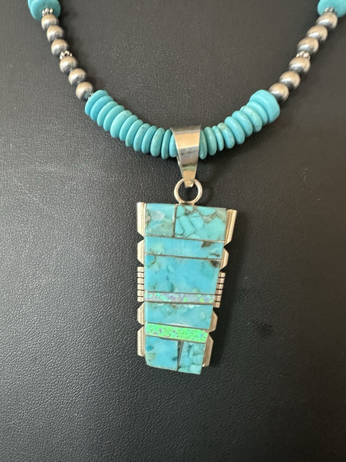 Blue Turquoise Opal Inlay Pendant Navajo Sterling Silver Necklace 19512