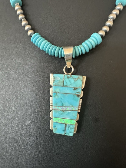 Blue Turquoise Opal Inlay Pendant Navajo Sterling Silver Necklace 19512