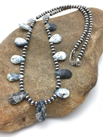 Black Rutilated Opal Pear Shaped Navajo Pearls Sterling Silver Necklace 04090