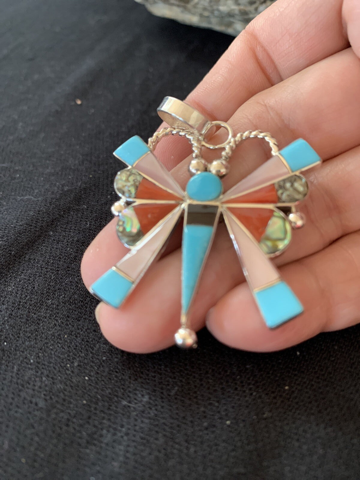 Turquoise Spiny & Mother Of Pearls Butterfly Sterling Silver Pin Pendant 01366