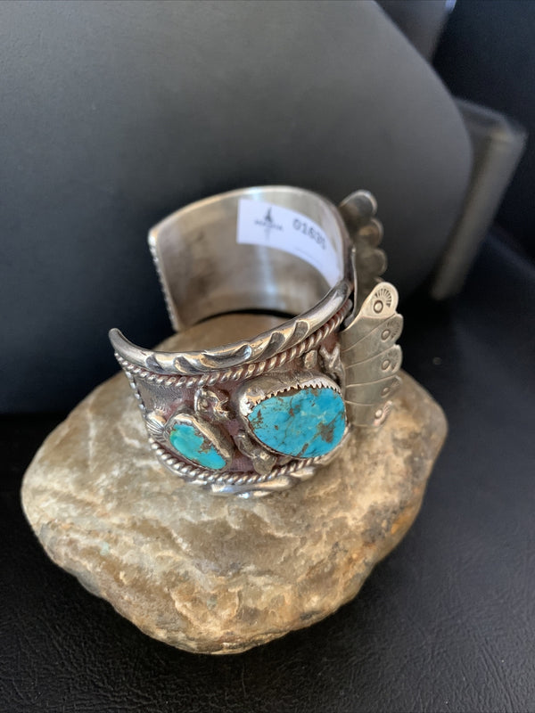 Men's Watch Navajo Blue Kingman Turquoise Cuff Bracelet | Sterling Silver | Authentic Native American Handmade | 01635