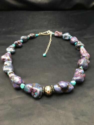 Navajo Turquoise & Magnesite Nugget Necklace Sterling Silver 19" 4514