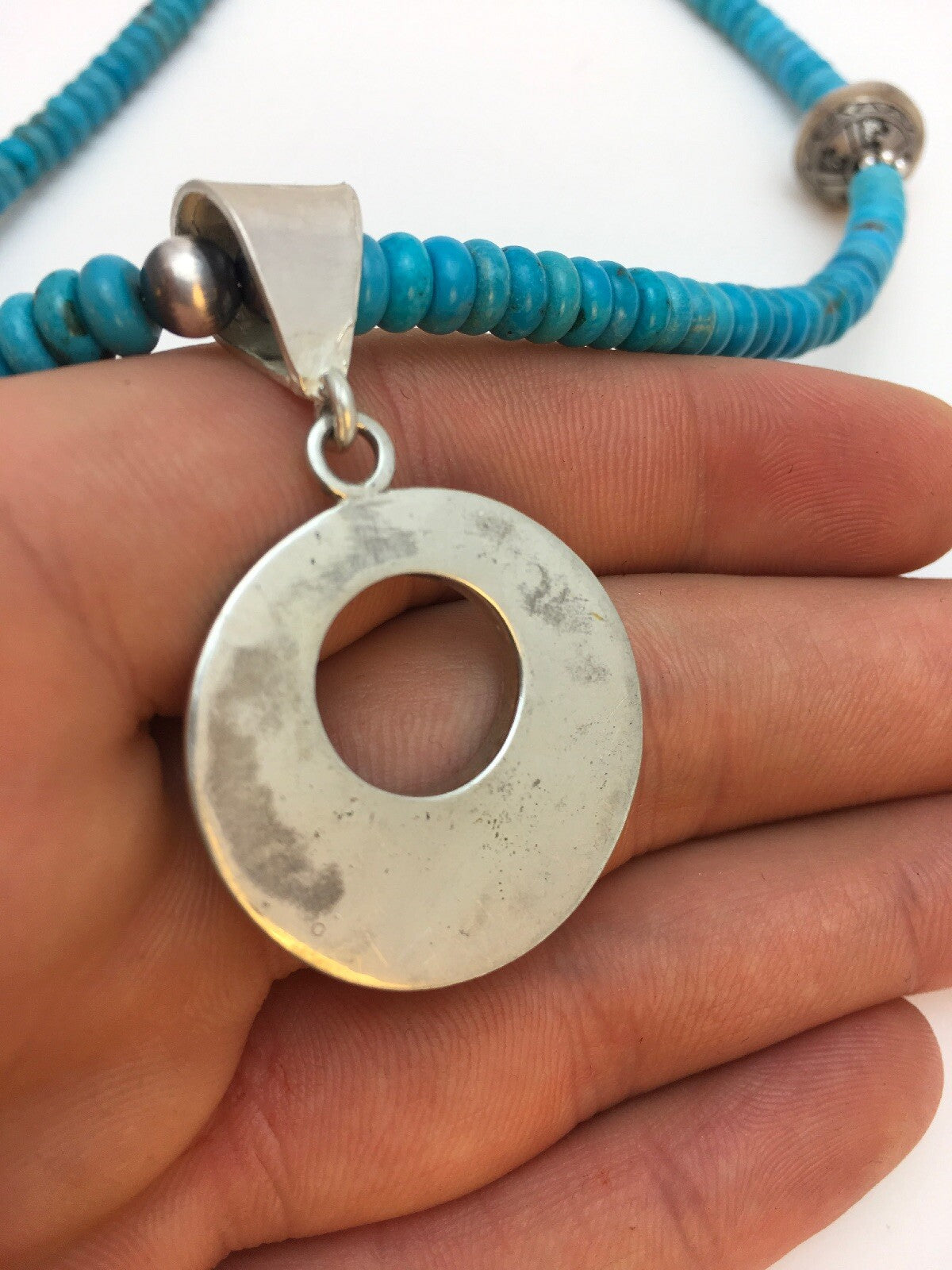 Blue Turquoise Mother Of Pearl Inlay Pendant Sterling Silver Necklace 08902