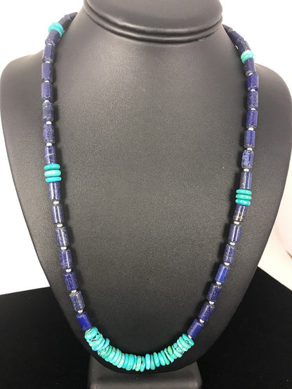 Blue Turquoise Lapis Navajo Pearls Sterling Silver Necklace 23" 03245