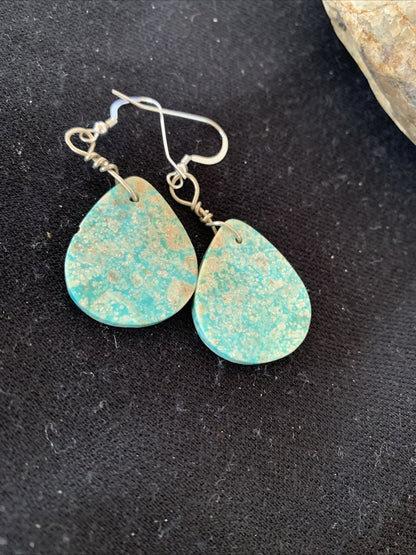 Navajo Sterling Silver Slab Turquoise Dangle Earrings 01357