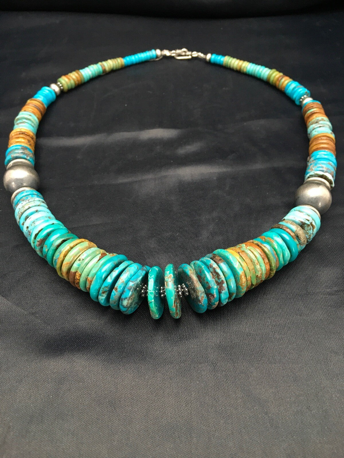 Blue Green Turquoise Navajo Sterling Silver Beads Necklace 02607