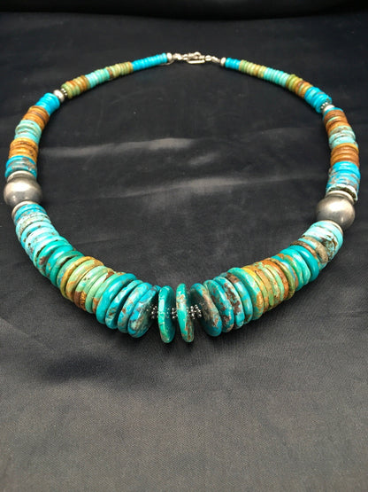 Blue Green Turquoise Navajo Sterling Silver Beads Necklace 02607