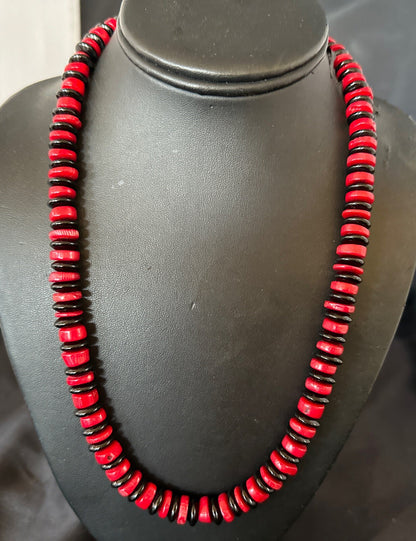 Mens Womens Red Coral Black Onyx  Navajo Sterling Silver Necklace 10mm 17869