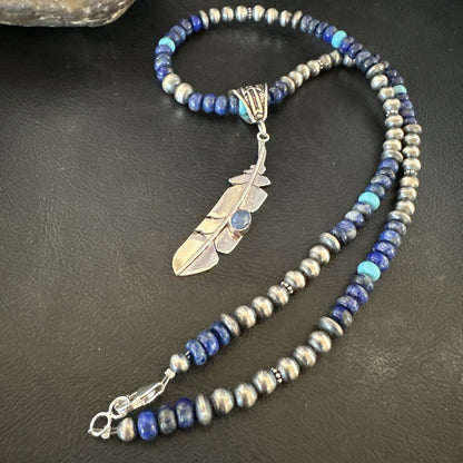 Blue Turquoise Lapis Feather Pendant Navajo Sterling Silver Necklace 21” 17790