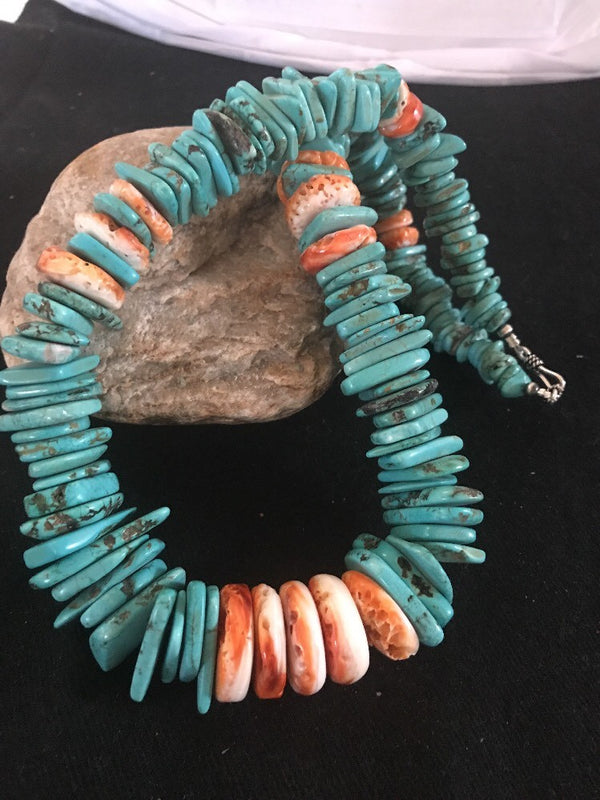 Turquoise Spiny Oyster Nugget Necklace 21" | Sterling Silver | Authentic Native American Handmade | 03325