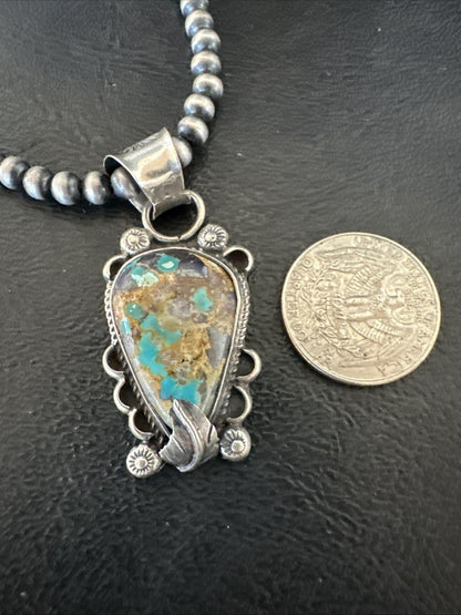 Womens Blue Turquoise Pendant Navajo Pearls Sterling Silver Necklace 19575