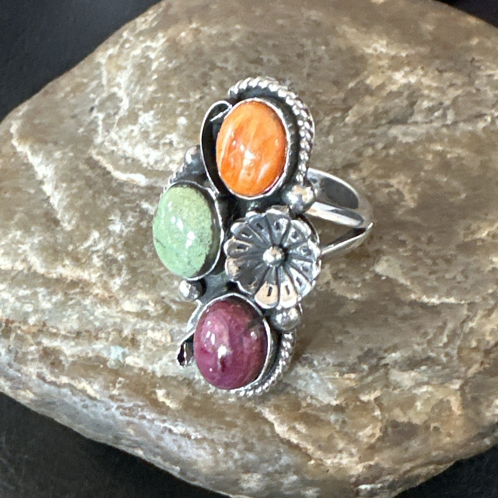 Multicolor Ring Turquoise Spiny Navajo Sterling Silver Cluster Size 8 19169