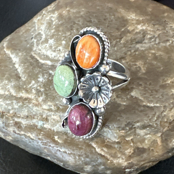 Multicolor Ring Turquoise Spiny Navajo Cluster Size 8 | Sterling Silver | Authentic Native American Handmade | 19169