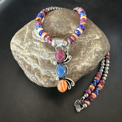 Multicolor Turquoise Spiny Navajo Sterling Silver Cluster Pendant Necklace 19639