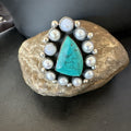 Blue Turquoise White Pearls Navajo Cluster Ring Size 10.5 | Sterling Silver | Authentic Native American Handmade | 18398