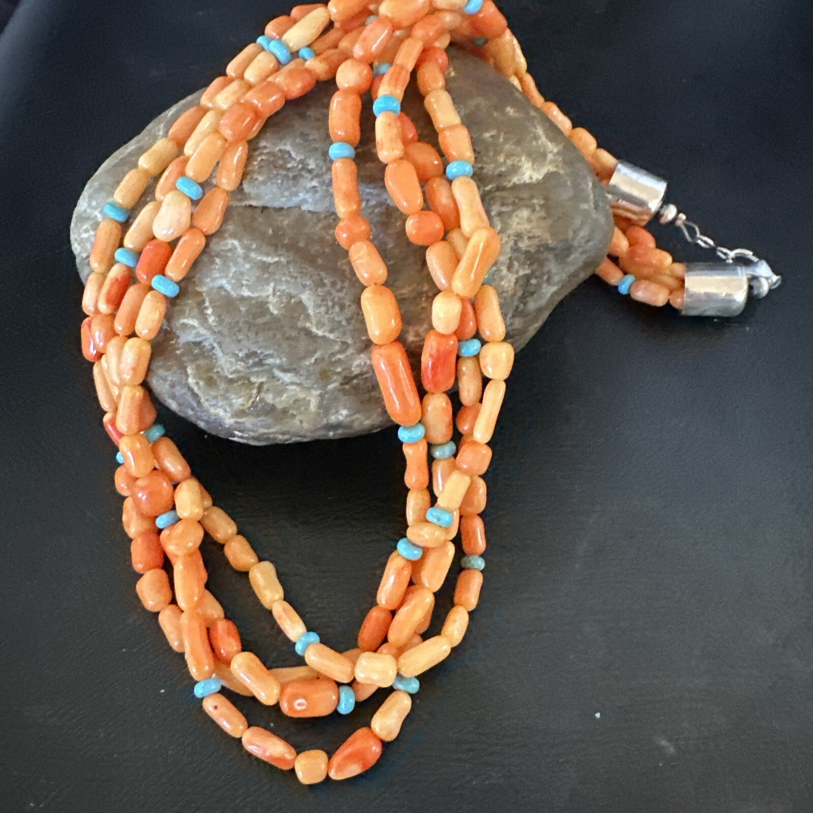 Native Turquoise Orange Coral Sterling Silver 4 Strand Necklace 21" 17820