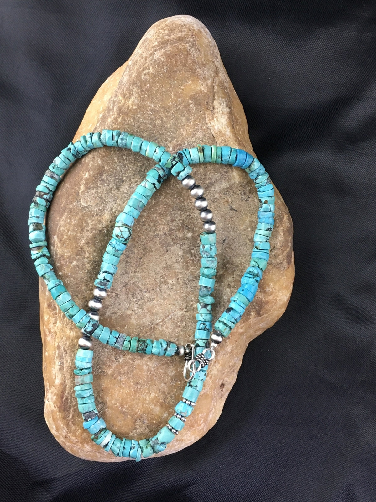 Blue Turquoise 7mm Heishi Bead Navajo Sterling Silver Necklace 1498
