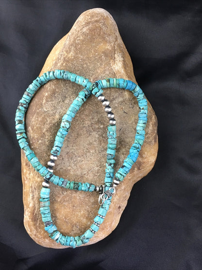 Blue Turquoise 7mm Heishi Bead Navajo Sterling Silver Necklace 1498