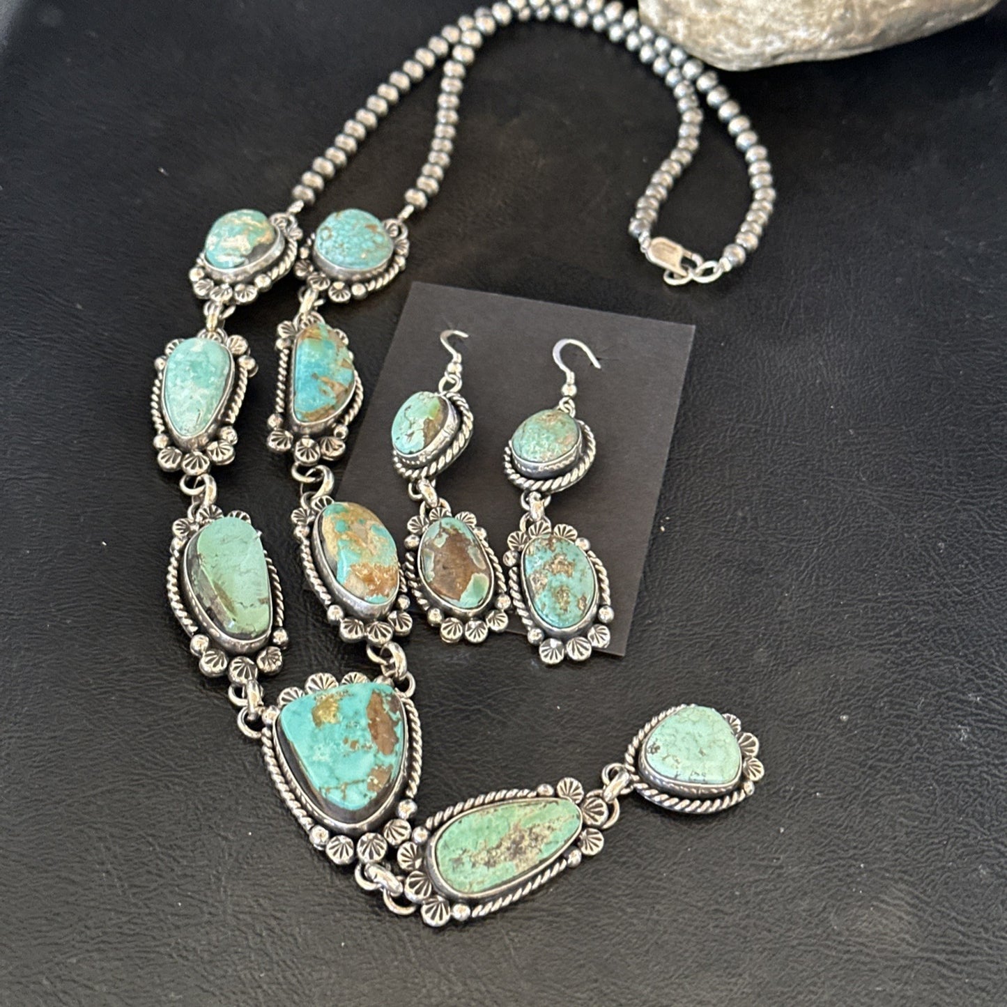 Sterling ROYSTON LARIAT Necklace 26” Women Navajo Turquoise Silver Earring 19598