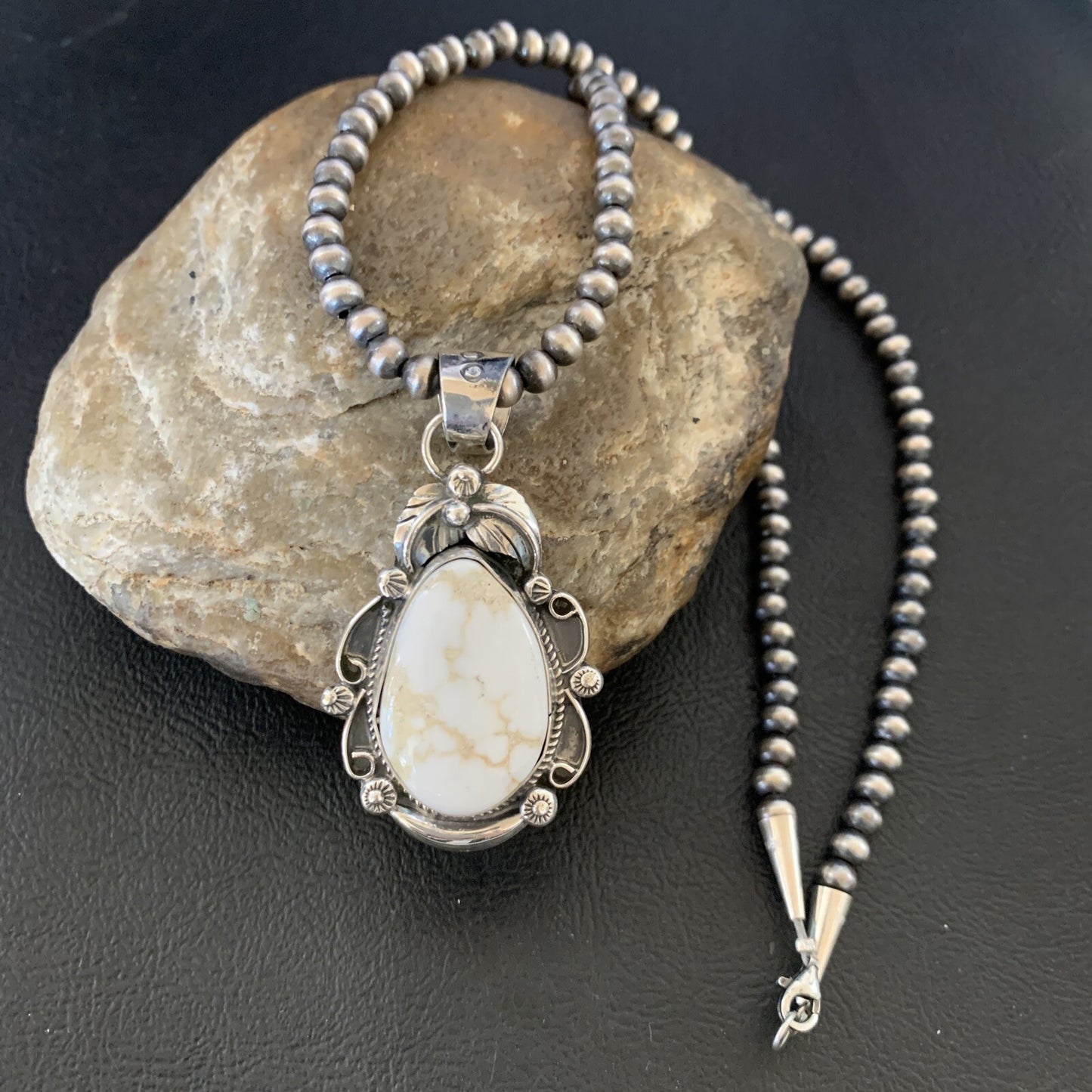 Men White Buffalo Turquoise Pendant Sterling Silver Beads Necklace 12665N