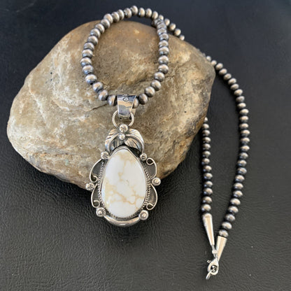 Men White Buffalo Turquoise Pendant Sterling Silver Beads Necklace 12665N