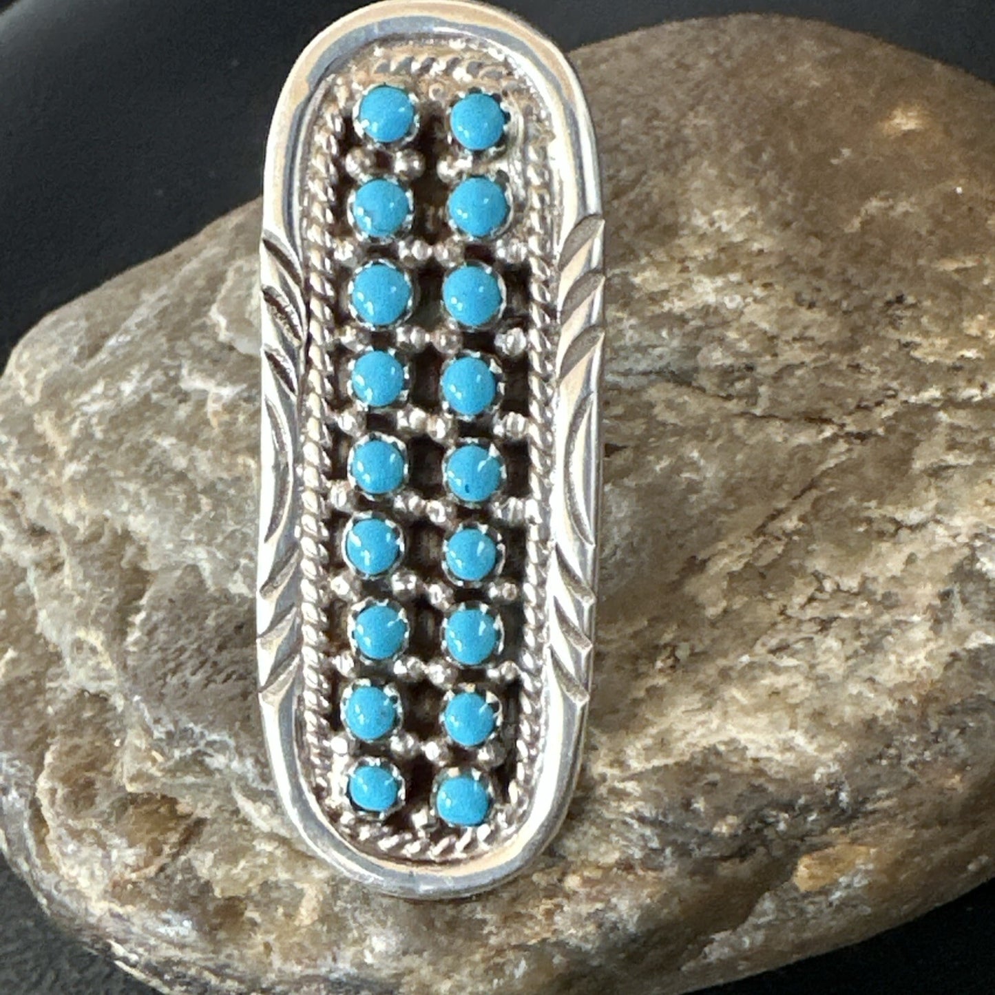 Blue Turquoise Zuni Sterling Silver Petite Point Cluster Ring Size 9 18790