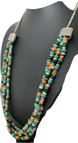 Multi-Color Green Turquoise Spiny Lapis Necklace Sterling Silver 01959