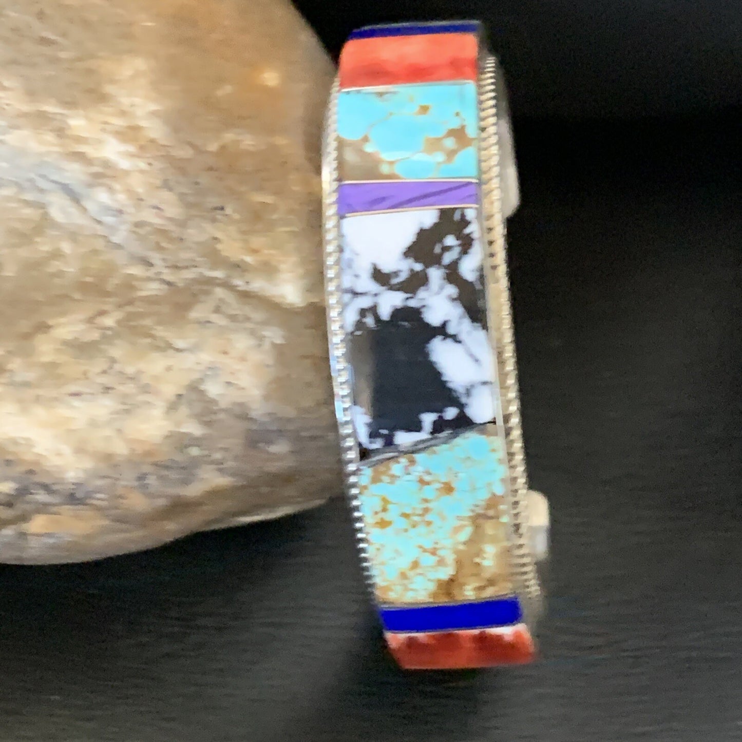 Mens White Turquoise Spiny & Lapis Navajo Sterling Silver Inlay Bracelet 12237