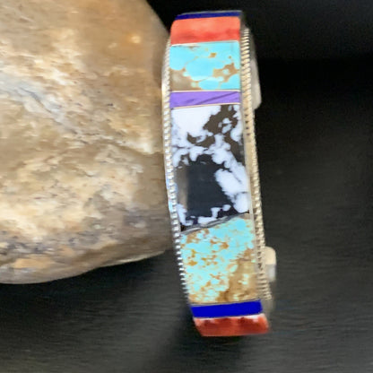 Mens White Turquoise Spiny & Lapis Navajo Sterling Silver Inlay Bracelet 12237