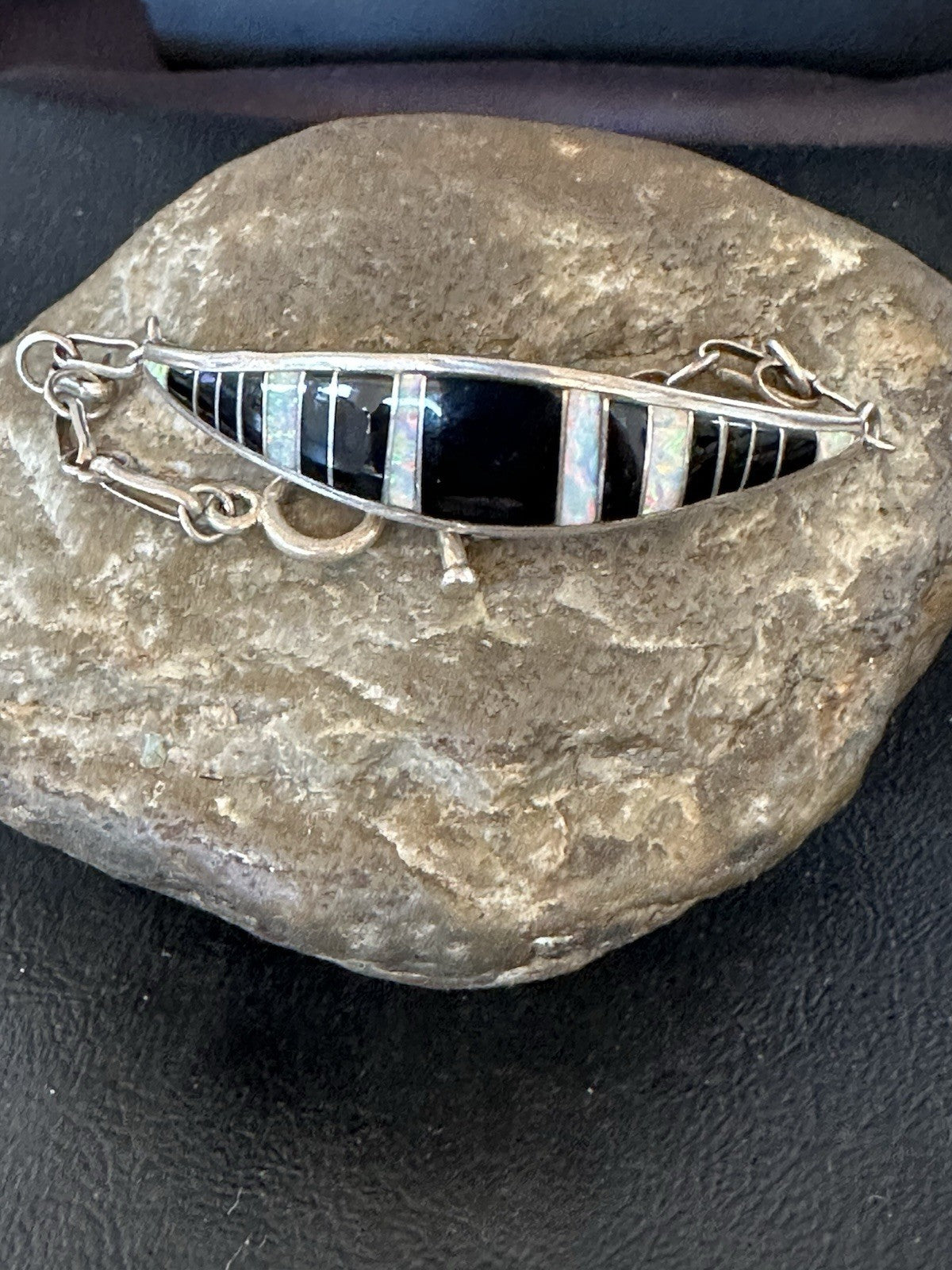 Inlay Bracelet Black Onyx Navajo Old Pawn Sterling Silver Link Bracelet 7" 19793