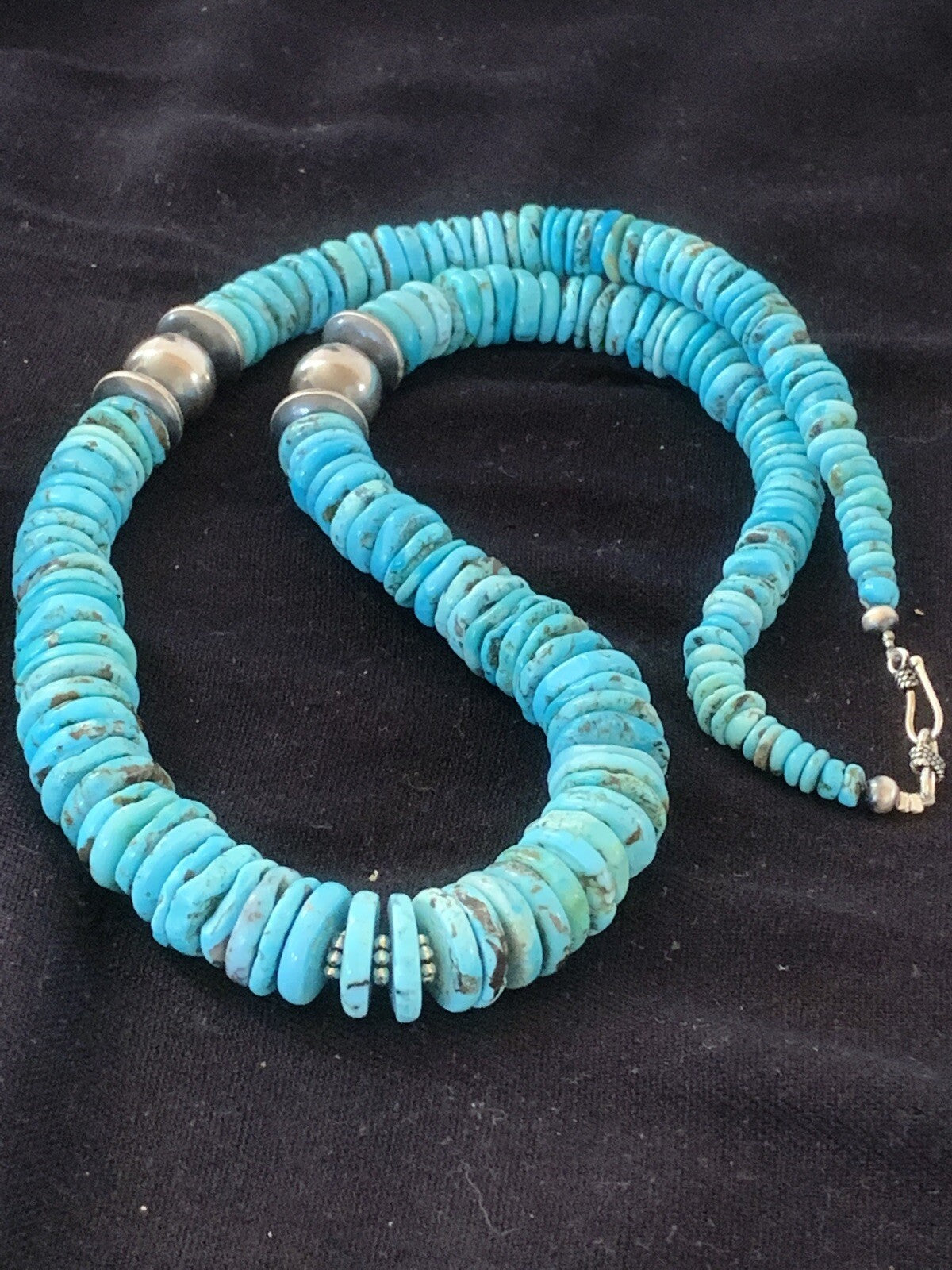 Blue Turquoise Graduated Navajo Pearls Sterling Silver Necklace 25" 00602