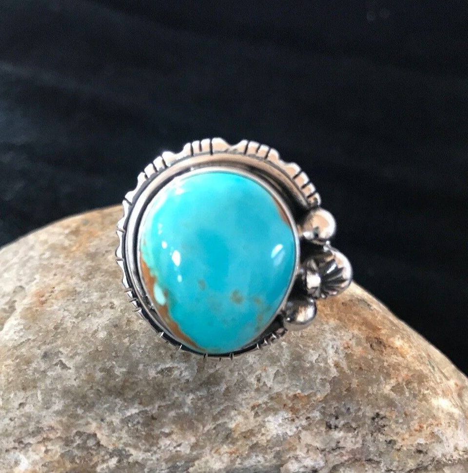 Blue Mountain Pilot Turquoise Navajo Sterling Silver Ring Size 9 8242