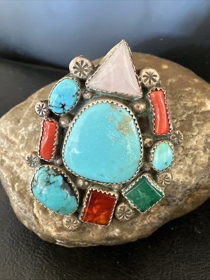 Old Pawn Navajo Blue Turquoise Coral Ring Multi-Stone Cluster Sz 9 19825