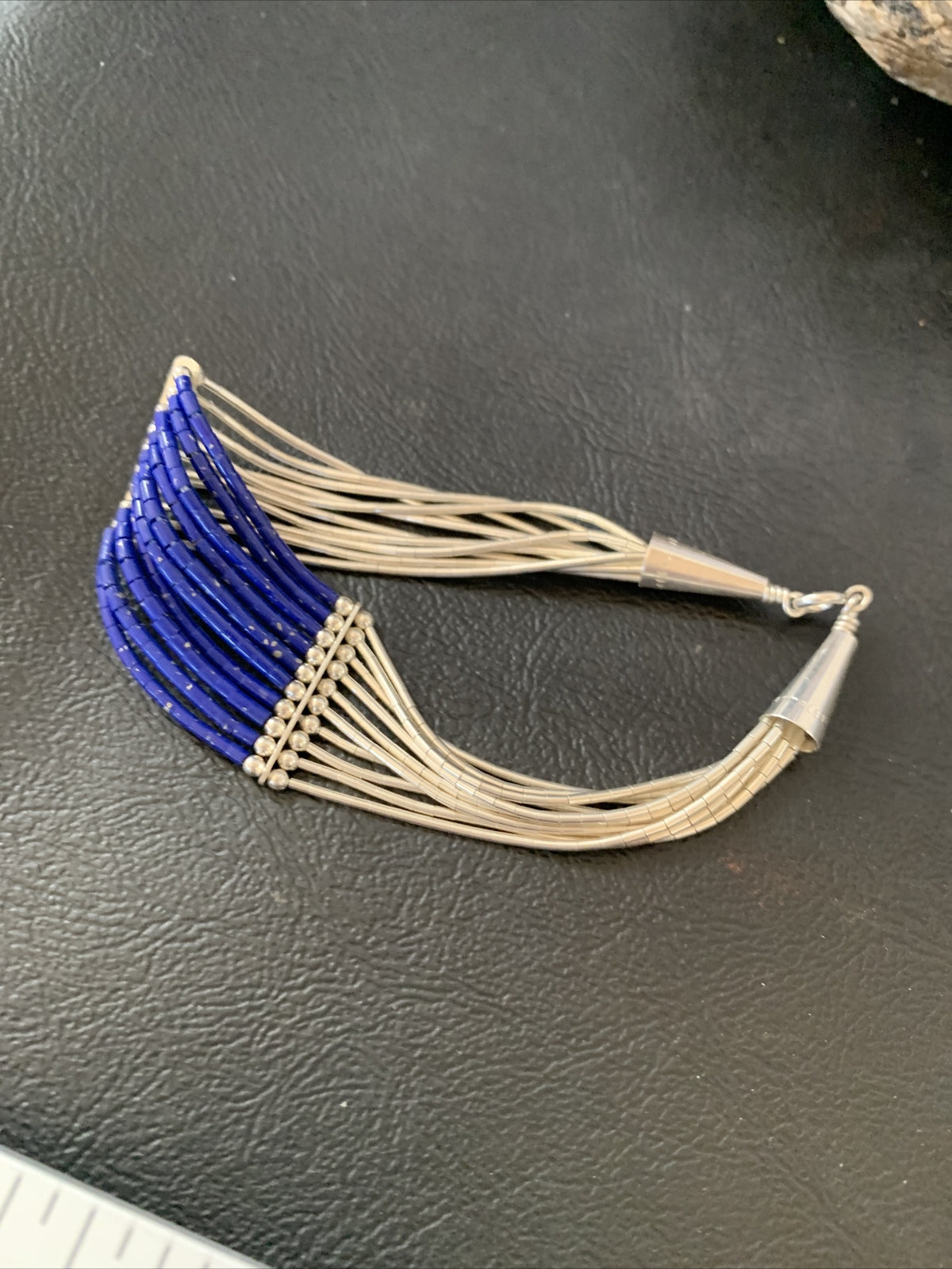 Blue Lapis Liquid Heishi Tubes 10 Strands Sterling Silver Bracelet 7.25" 12635