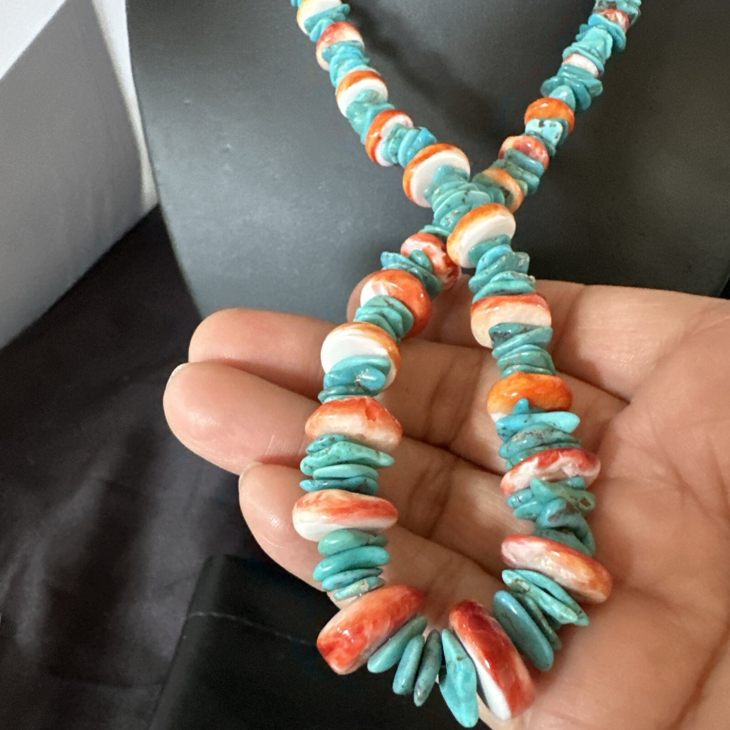 Red Spiny Oyster Blue Turquoise Navajo Sterling Silver Necklace 23" 18267