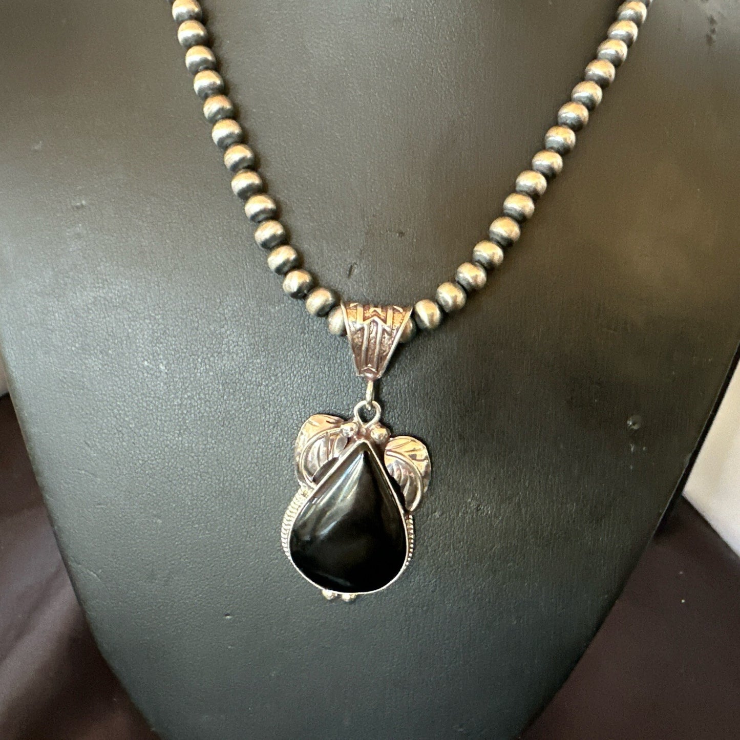 Mens Womens Black Onyx Pendant Navajo Sterling Silver Beads Necklace 18351