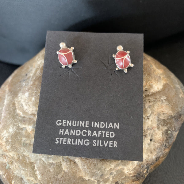Women's Orange Spiny Oyster Turtle Inlay Navajo Earrings | Sterling Silver | Authentic Native American Handmade | 12833