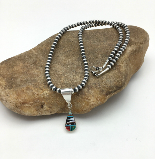 Turquoise MultiStone Inlay Pendant Bead Necklace 1.75" | Sterling Silver | Authentic Native American Handmade | 02705