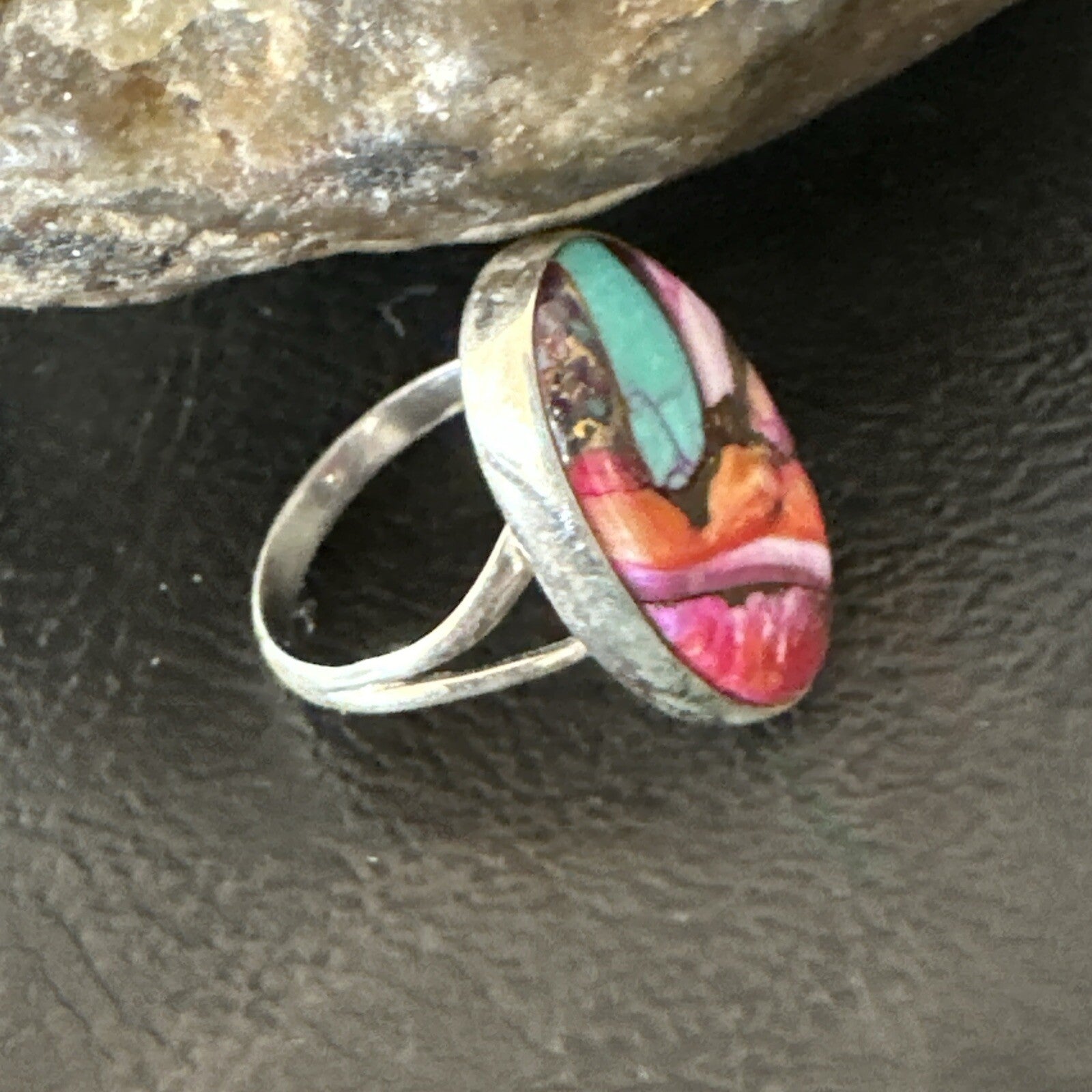Blue Turquoise Spiny Oyster Southwestern Sterling Silver Ring Size 7 18497