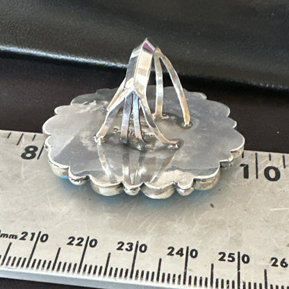 Blue Kingman Turquoise MOP Navajo Sterling Silver Cluster Ring Size 10 18395