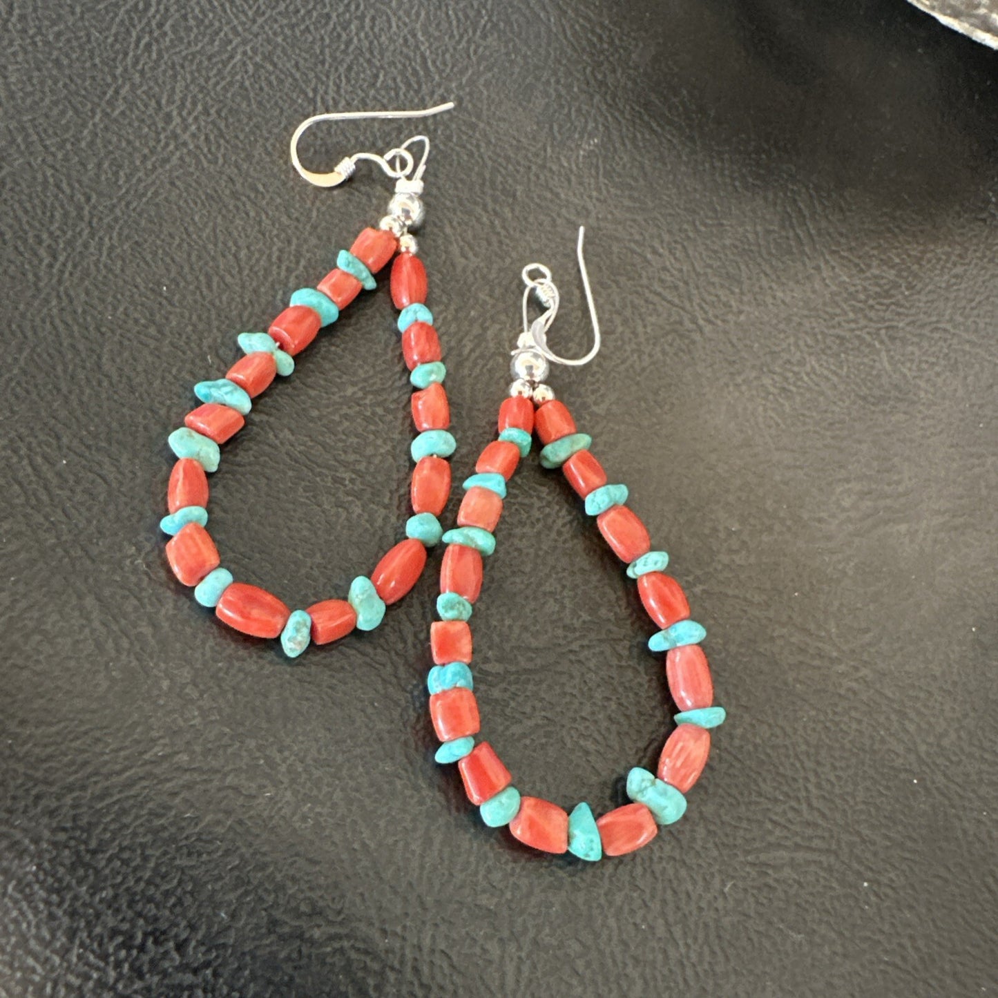 Blue Turquoise Coral Navajo Sterling Silver Earrings 2” 18835
