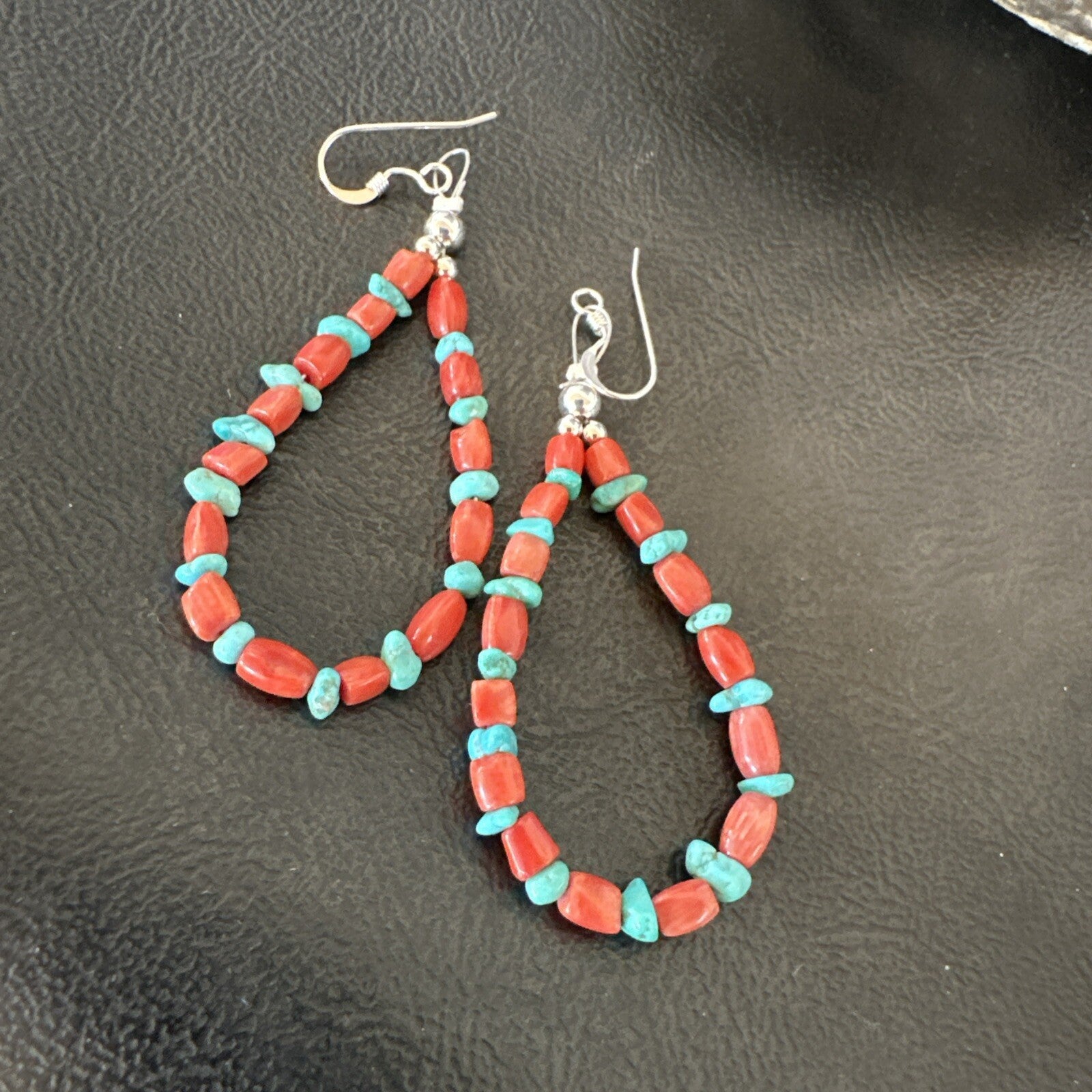 Blue Turquoise Coral Navajo Sterling Silver Earrings 2” 18835