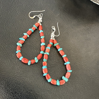 Blue Turquoise Coral Navajo Sterling Silver Earrings 2” 18835