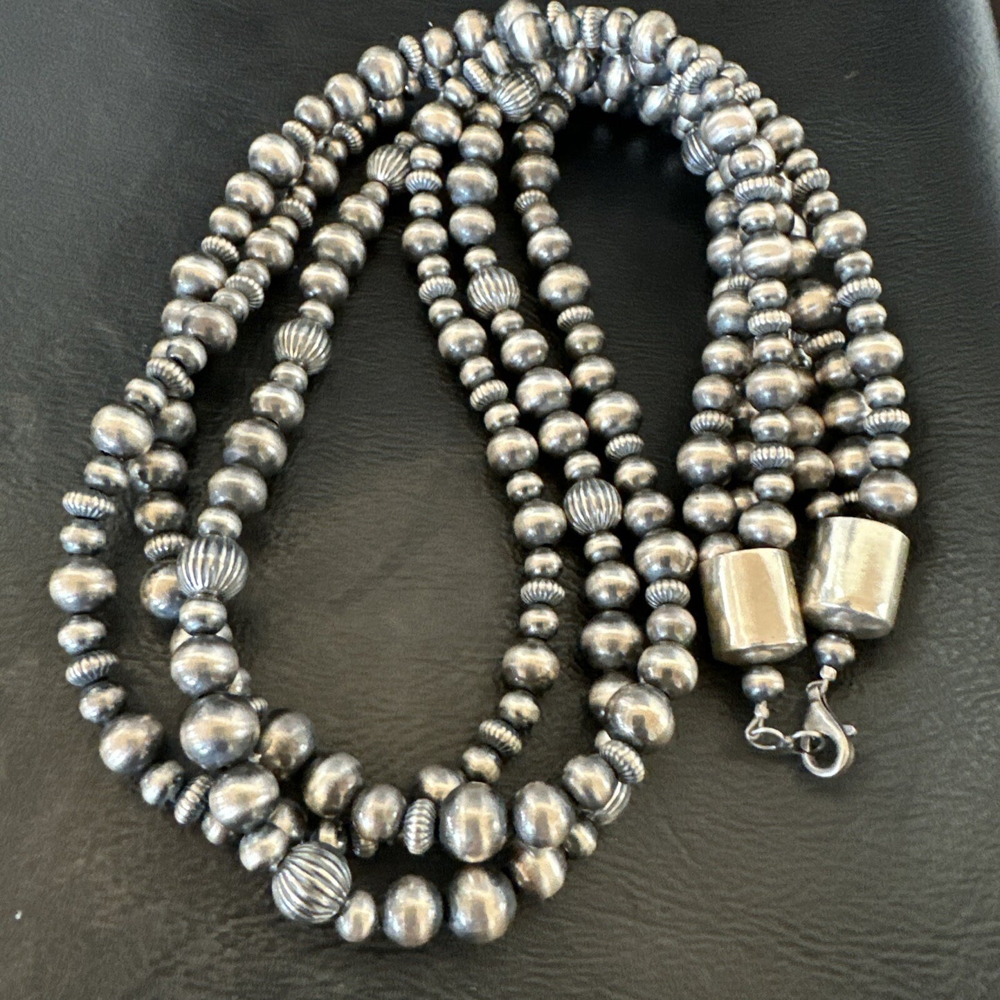 Mixed Bead Sterling Silver Navajo Pearls Necklace 22” 3 Strand 94422
